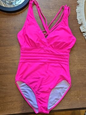 Strappy V-Neck One-Piece Swimsuit in Hot Pink